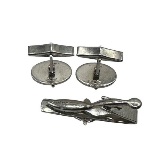 Sterling Silver Maple Leaf Cufflinks & Tie Clip Set With Enamel Accents - Picture 2 of 6